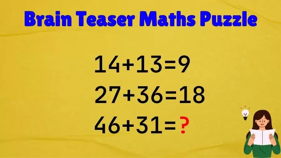 Brain Teaser Maths Puzzle: 14+13=9, 27+36=18, 46+31=?