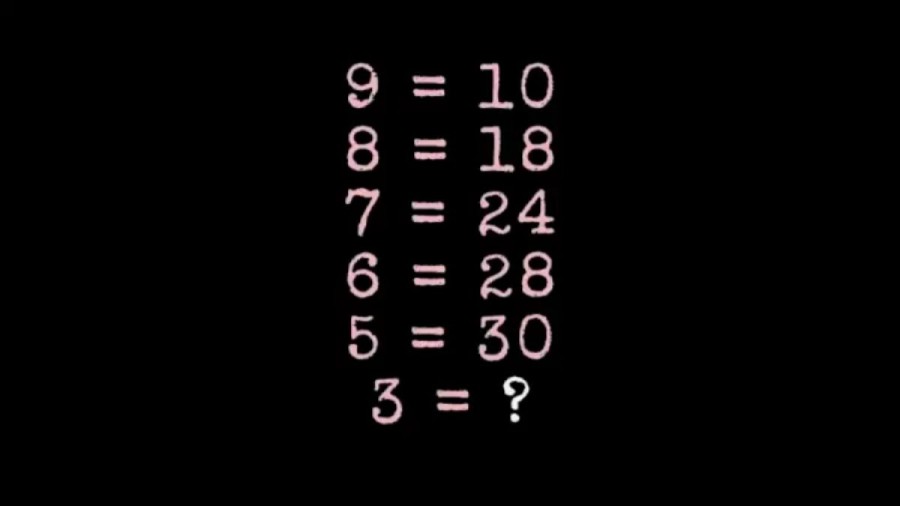 Brain Teaser: If 9=10, 8=18, 7=24, 6=28, 5=30, 3=? Maths Puzzle